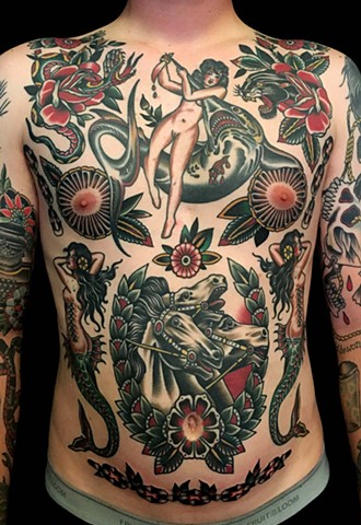 Traditional Torso Tattoo Front Mermaids Horses Girl Flowers