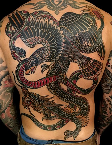 Battle Royale Tattoo, Traditional Back Tattoo, Eagle, Dragon, Snake