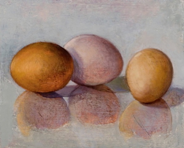 two golden eggs and one pink egg on gray background; oil painting; art
