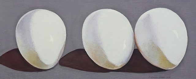 three white eggs on gray background; oil painting; art