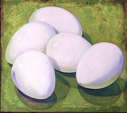 five white eggs on a lime green background/ oil painting; art