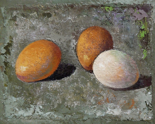 one white and two brown eggs on greenish-gray background; oil painting; art