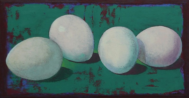 four white eggs in a teal green- deep red bacground / oil painting
