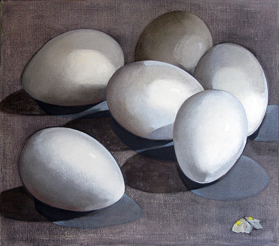 six white eggs and a white butterfly on a gray background/ oil painting