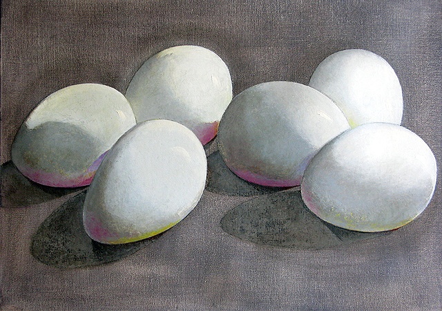 six white eggs on a gray background with pink cast shadows/ oil painting