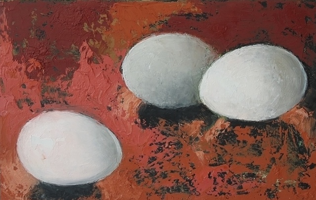 three white eggs on earth tone background; oil painting; art