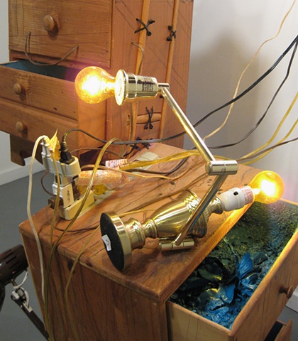 Detail 
Title/Materials: Chests of Drawers, Lamps, Light Bulbs, Crutches, Surge Protector, Circuit Taps, Artificial Flowers, Paint, Sawdust, Wood Glue, Extension Cord