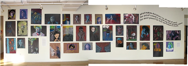 Panoramic of the wall with the Response paintings and Self Portraits
