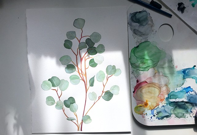 Progress picture of a commissioned watercolor painting for an Australian-themed nursery
