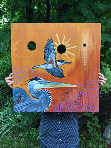 One of three paintings I made out of wood scraps found at our family cabin. The paintings reside there permanently, and they depict a Great Blue Heron, King Fishers, and Common Loons. 