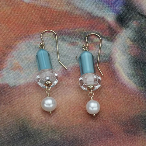 art glass beads with pearl on gold filled ear wire. #130e