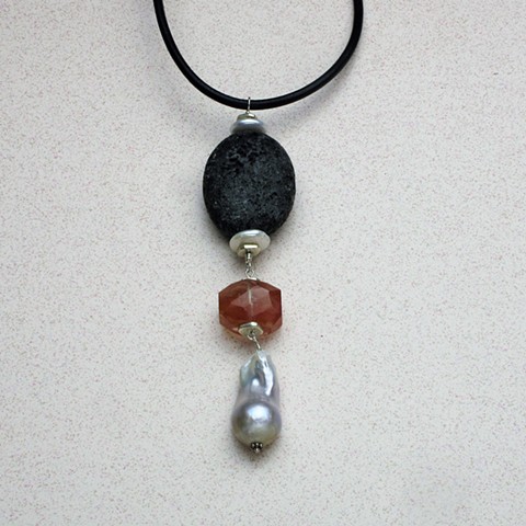 lava rock, cherry golden quartz & baroque pearls pendant on leather cord w/ a sterling clasp (#791) 