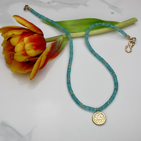 sparkling teal faceted apatite with a vermeil woven focal pendant, embellished with vermeil Bali beads and finished with  a vermeil s-hook clasp, 18", #140