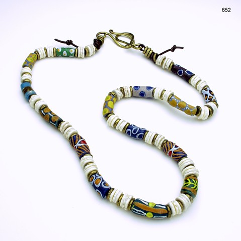 Ghanaian glass & ostrich shell beads on leather cord #652