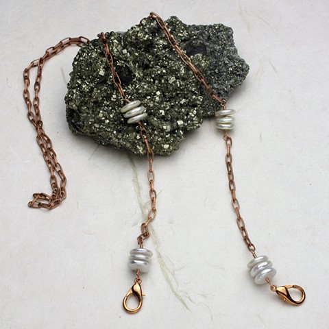vintage copper chain accented with Biwa disc pearls, finished with copper lobster clasps to attach to face mask (835M)