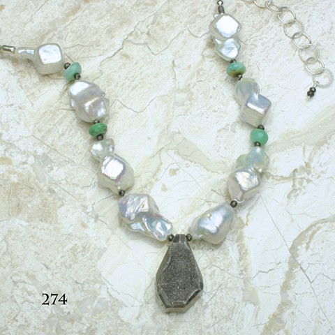 urban chic: large biwa pearls w/ drusy pendant accented w/ faceted pyrite & faceted Peruvian opals, adjustable length silver chain & clasp  (longest length 19") (#274)