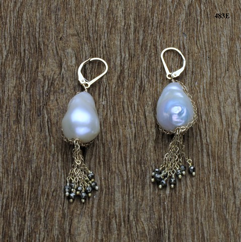 baroque pearl with gold filled chain & pyrite dangles on gold filled leverbacks ((#483E)