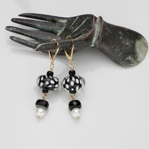 blown art glass beads with black glass rondels and pearls on g/f leverbacks. #143E