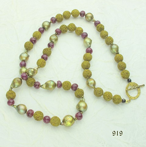 32" rope of chartreuse baroque pearls & lava rock, faceted rubies, brass findings, wear it long or wrap it twice (#919)