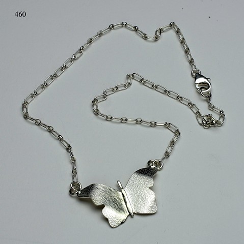 textured silver butterfly pendant on SS chain with lobster clasp (#460)
