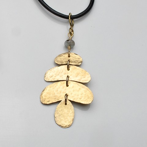 hammered brass waterfall pendant on 28" leather cord with sterling silver hook & eye clasp  #142