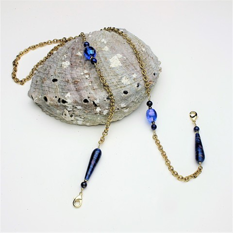 vintage brass chain w/ wire wrapped cobalt blue art glass, vintage glass & lapis beads, lobster clasps to attach to mask, 32" (#766)