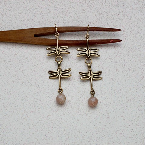 two brass dragonflies w/ faceted pink opal bead on gold filled french wires #139e