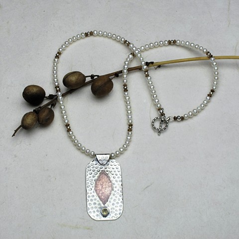 textured copper & silver pendant on pearls #848