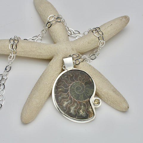 bezel set ammonite pendant on sterling chain #966