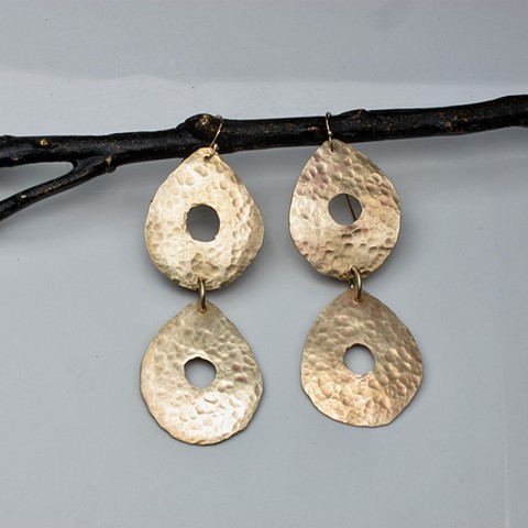 double hammered brass lotus earrings on gold filled french wires #133e