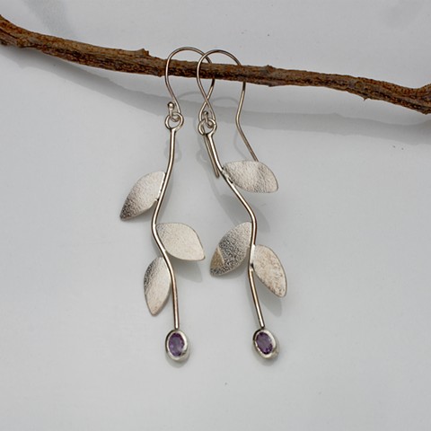 sterling silver falling leaves w/ bezel set  amethyst on s/s french wire #885e