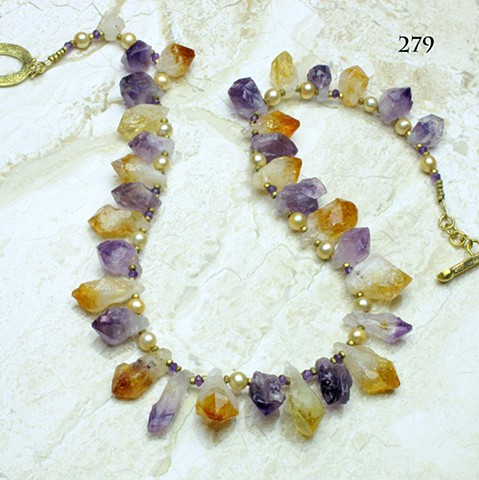 amethyst & citrine crystal prisms accented with faceted amethyst, champagne pearls & brass findings, toggle closure, 22" length ( #279)