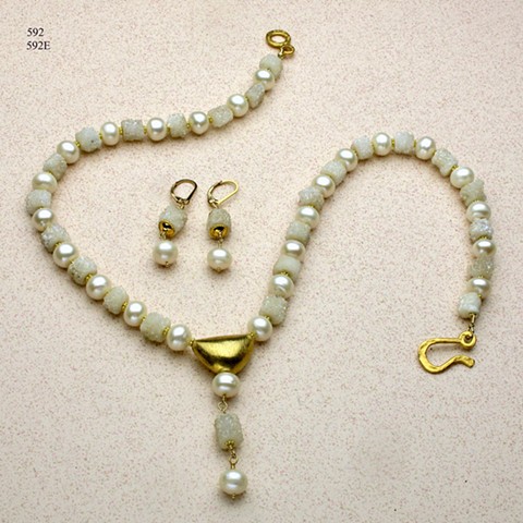 stunningly spectacular: unusually rare stalactite ivory druse beads highlighted by 9mm pearls & vermeil findings (#592) Coordinating earrings on g/f leverbacks (#592E) 