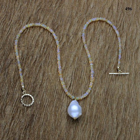 fiery Ethiopian opal rondelles with gold-filled findings and a baroque pearl pendant (#496)