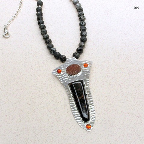 Stone Goddess pendant: Spiderman jasper, druse, & fire opal silver pendant suspended from black agate druse beads w/ sterling silver chain (#705)