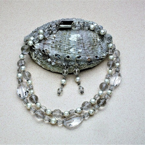 double strand quartz, silver & pearls #805