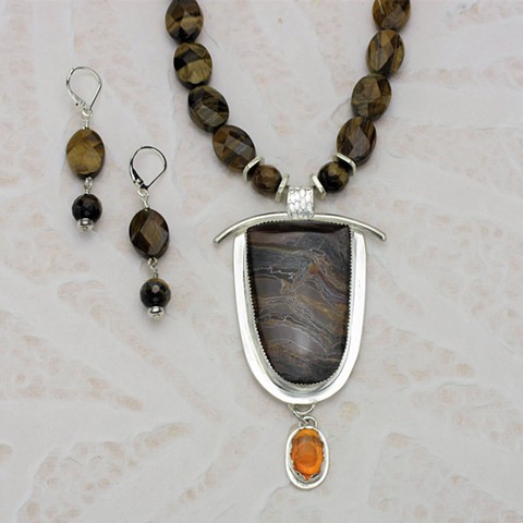 Australian tiger's eye and Mexican opal silver pendant  #685