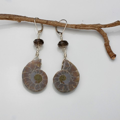 fossilized ammonite w/ faceted smoky quartz on sterling sliver leverback  #979E