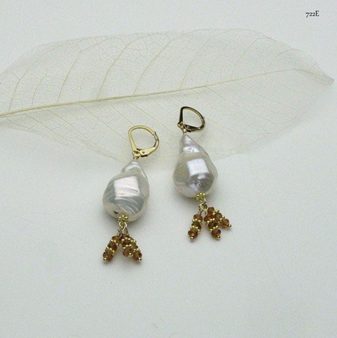 baroque pearl w/ 3 faceted spessarite dangles on gold filled leverbacks (#722E) for coordinating necklace, see baroque pearl and spessarite necklace (#117)