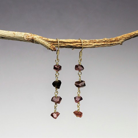 wire wrapped shades of red rough cut sapphires on 14kt yellow gold non slip ear wires (hang 2") (#733E)