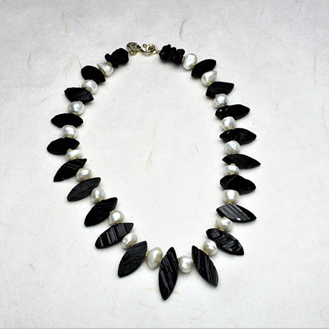 Marquise cut Brazilian black tourmaline & pearls #851