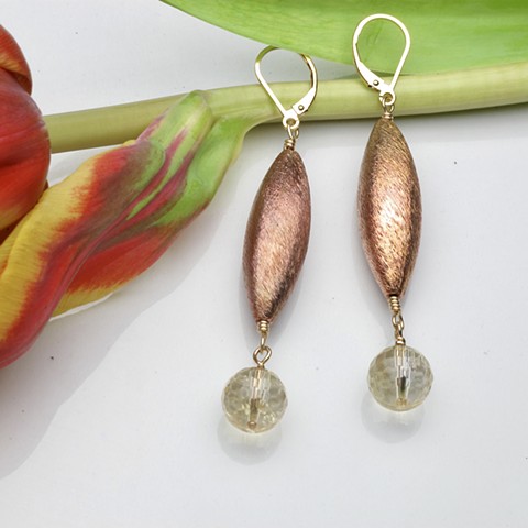 fire torched copper bead w/ faceted citrine bead on g/f leverback #128E