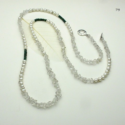 rope of pearls & crystal quartz nuggets with faceted emeralds, accented with sterling silver spacers and finished with a sterling toggle clasp (#719)
