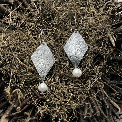 embossed sterling silver earrings w/ pearls on sterling ear wires #946E