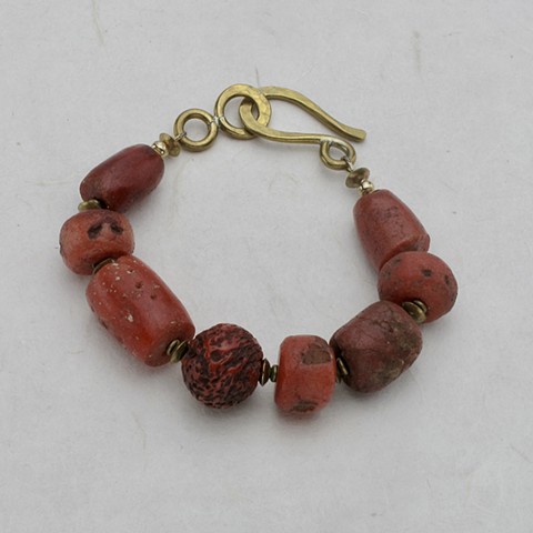 old African coral bracelet w/ antique Chinese glass bead and brass beads & large hook clasp, #101B