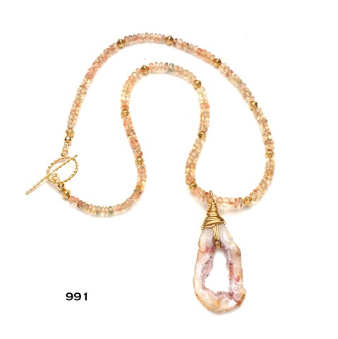 shimmering faceted Australian sunstone w/ g/f wire wrapped crystallized agate pendant, g/f beads & toggle (18", 2" pendant)