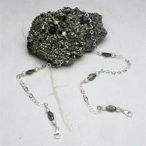 sterling silver chain accented with textured sterling beads, pearls & g/p spacer beads, finished with sterling lobster clasps to attach your face mask (#838M)