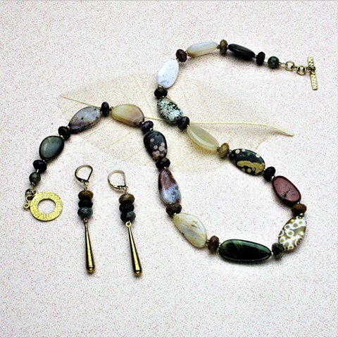 free form ocean jasper w/ faceted ocean jasper rondels, finished with brass spacers & toggle clasp; coordinating earrings with vintage brass dangle on g/f leverbacks  