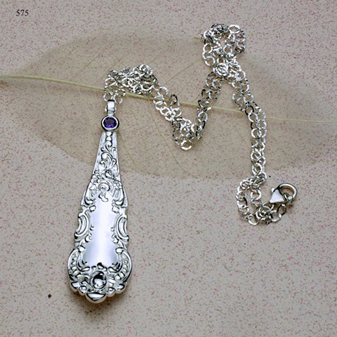 vintage sterling fork pendant with bezel set 5mm amethyst on 26" silver link chain with silver lobster clasp (#575)