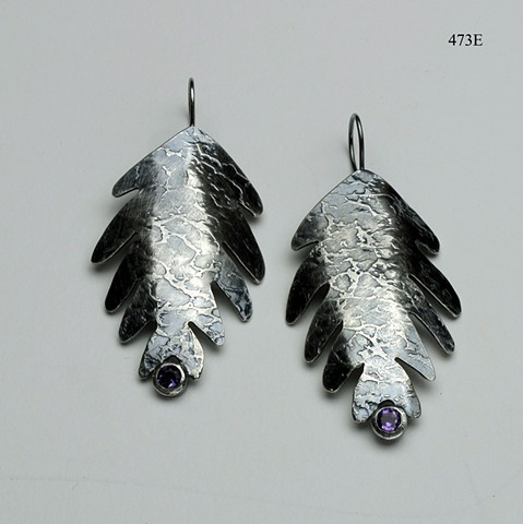 textured silver leaf earrings with 4mm bezel set amethysts on silver ear wires (#473E)